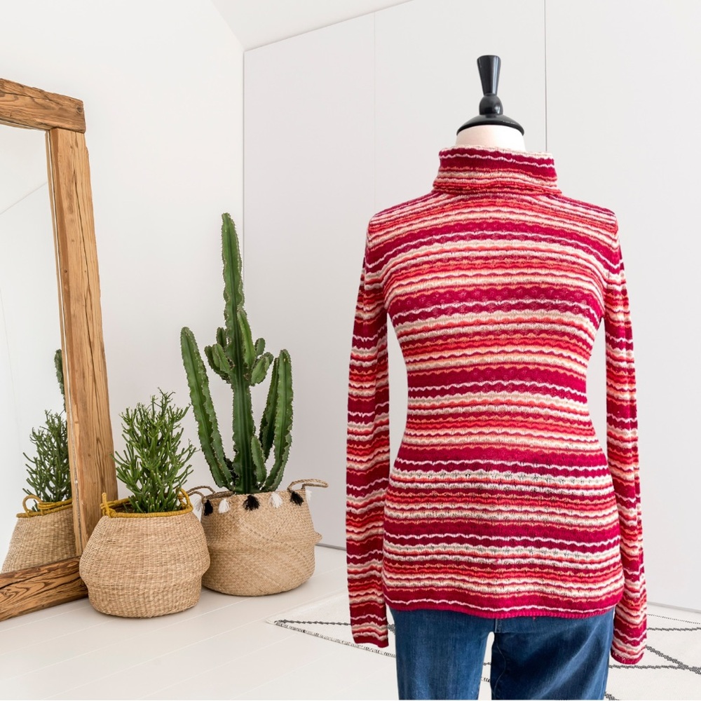 Lucky Brand Striped Open Knit Lightweight Turtleneck Sweater